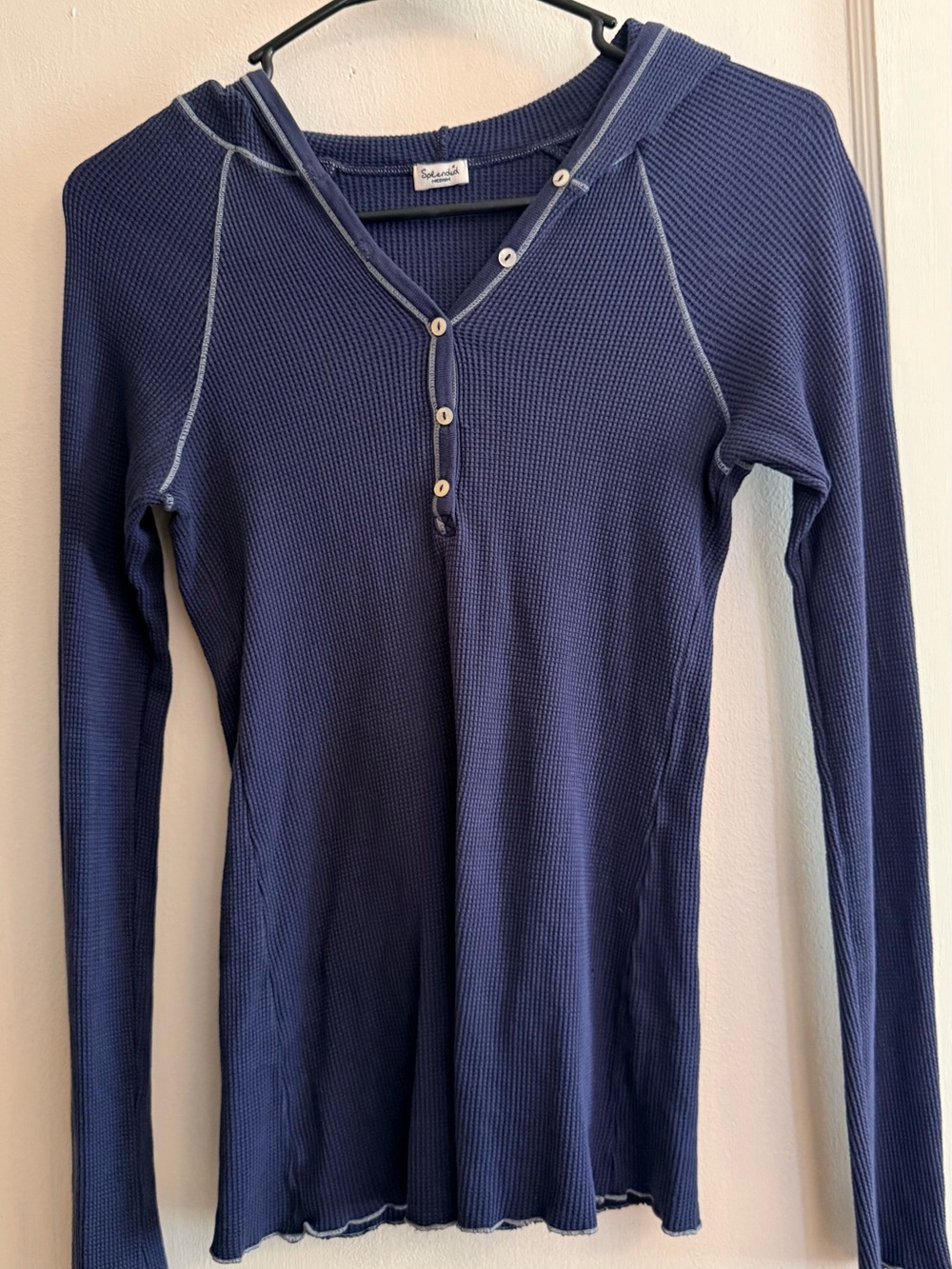 Splendid Navy Blue Waffle Henley Long-Sleeve Top